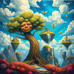 A pop surrealistic painting of a whimsical landscape with floating islands, vibrant colors, and fantastical creatures