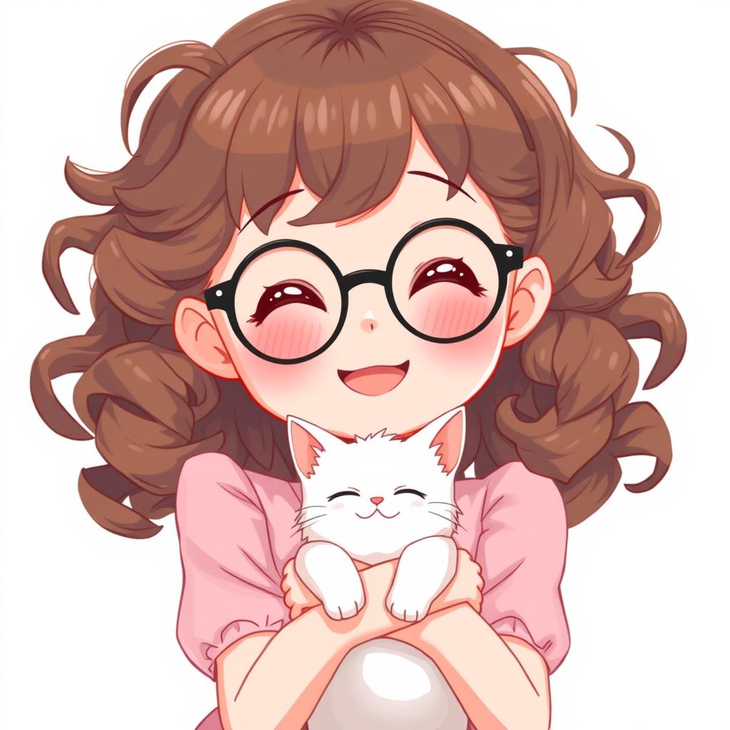 A white anime-style girl with tight curly brown hair and round black glasses, smiling radiantly