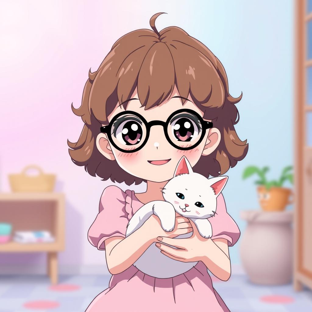 An anime scene featuring a white girl with round black glasses and striking cat-like eyes