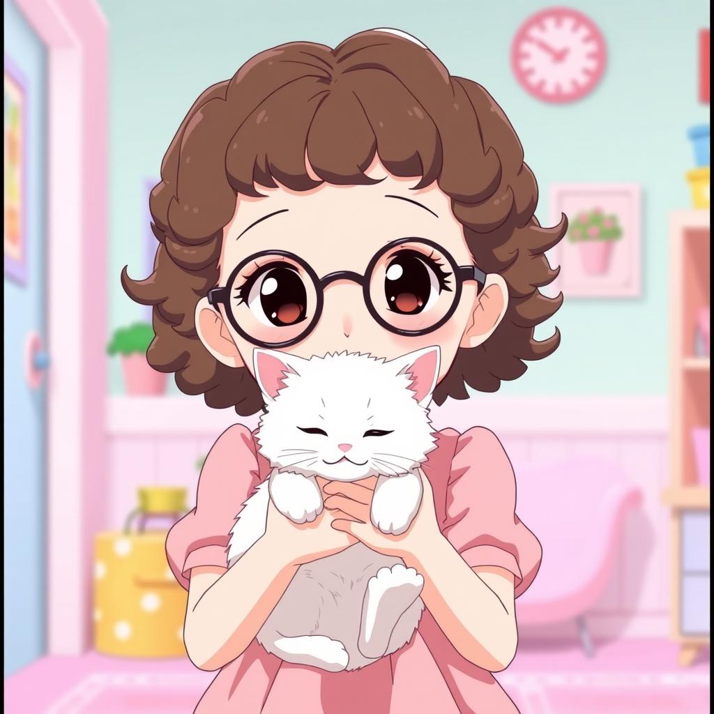 An anime scene of a white girl with tight curly brown hair and round black glasses