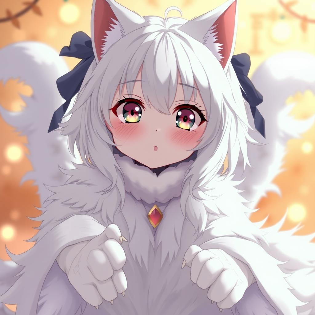 An anime scene featuring a cat girl with a beautiful white fur coat and delicate cat-like paws, giving her a graceful and mystical appearance