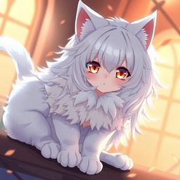 An anime scene featuring a cat girl with a beautiful white fur coat and delicate cat-like paws, giving her a graceful and mystical appearance