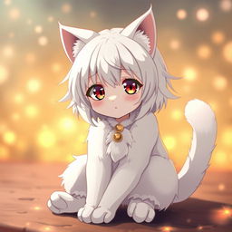 An anime scene featuring a cat girl with a beautiful white fur coat and delicate cat-like paws, giving her a graceful and mystical appearance