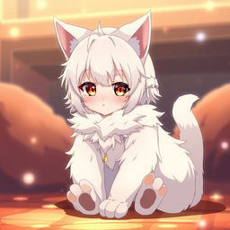 An anime scene featuring a cat girl with a beautiful white fur coat and delicate cat-like paws, giving her a graceful and mystical appearance