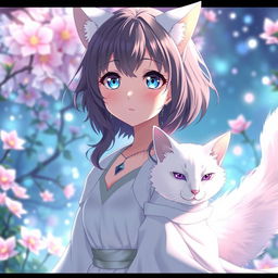 An anime scene featuring a girl with a deep connection to a white cat