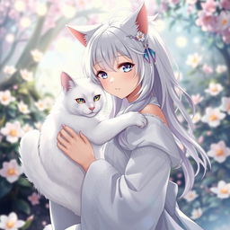 An anime scene featuring a girl with a deep connection to a white cat