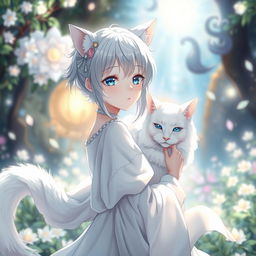 An anime scene featuring a girl with a deep connection to a white cat