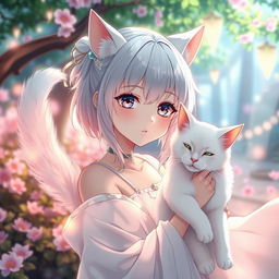 An anime scene featuring a girl with a deep connection to a white cat