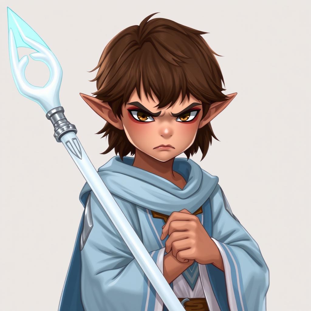 A young boy Half-Elf with longer brown hair, brown skin, and wearing a light blue and white robe with silver accents
