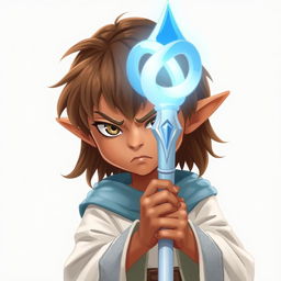 A young boy Half-Elf with longer brown hair, brown skin, and wearing a light blue and white robe with silver accents