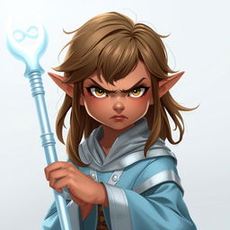 A young boy Half-Elf with longer brown hair, brown skin, and wearing a light blue and white robe with silver accents