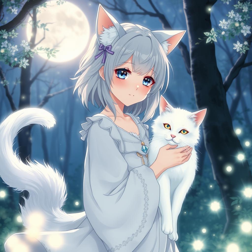 An anime scene featuring a girl deeply connected to a white cat