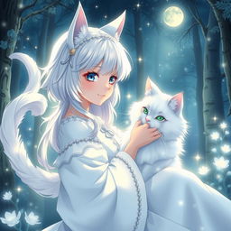 An anime scene featuring a girl deeply connected to a white cat