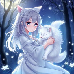 An anime scene featuring a girl deeply connected to a white cat