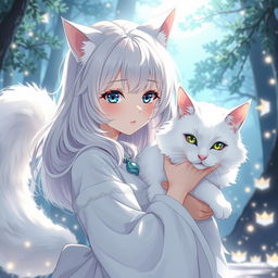 An anime scene featuring a girl deeply connected to a white cat