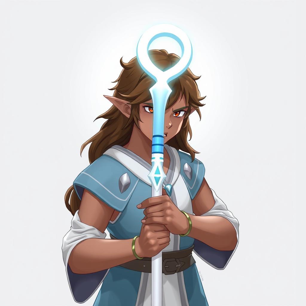 A teenage male Half-Elf with long brown hair, brown skin, wearing a light blue and white robe with silver accents