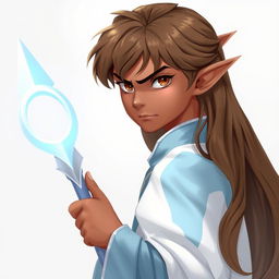 A teenage male Half-Elf with long brown hair, brown skin, wearing a light blue and white robe with silver accents