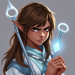 A teenage male Half-Elf with long brown hair, brown skin, wearing a light blue and white robe with silver accents
