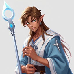 A teenage male Half-Elf with long brown hair, brown skin, wearing a light blue and white robe with silver accents