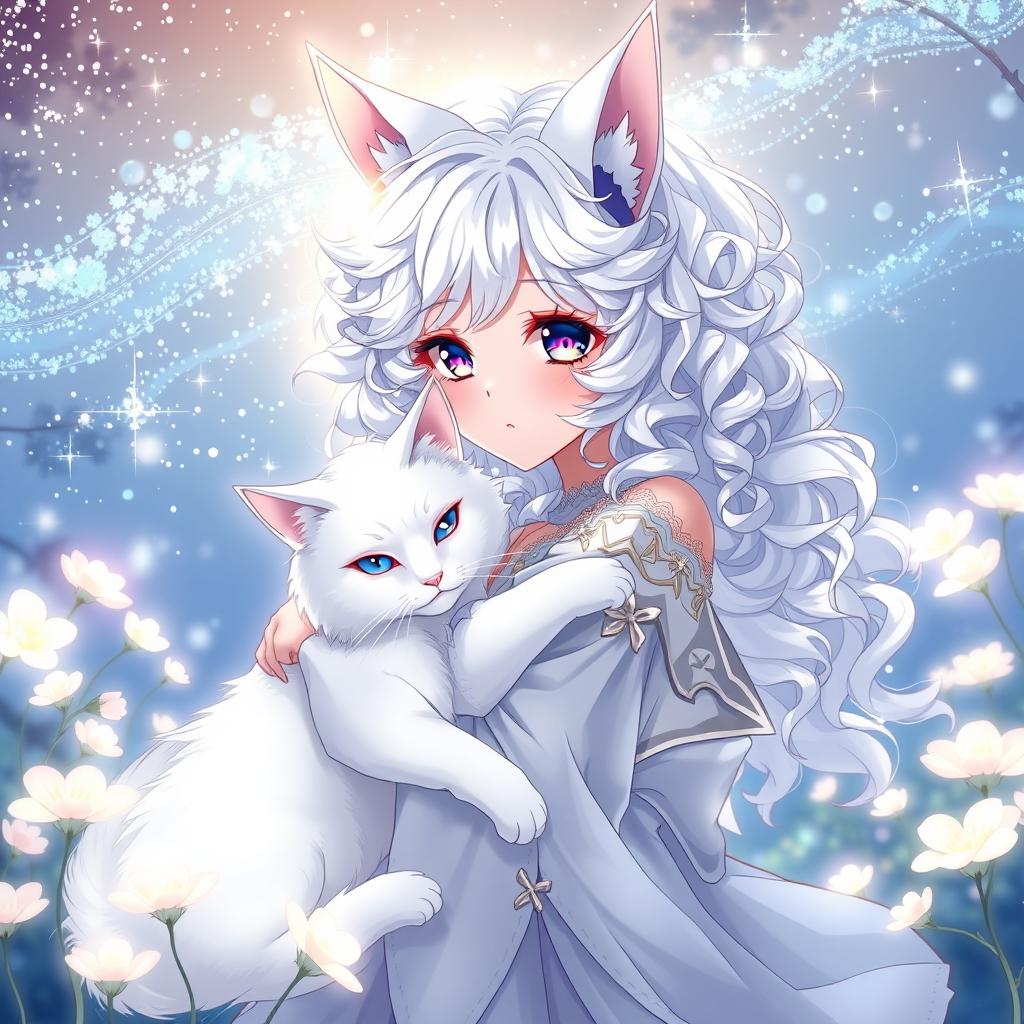 An anime scene featuring a girl intimately connected to a white cat