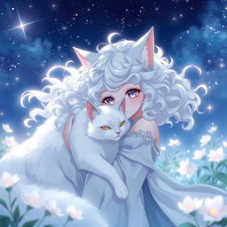 An anime scene featuring a girl intimately connected to a white cat