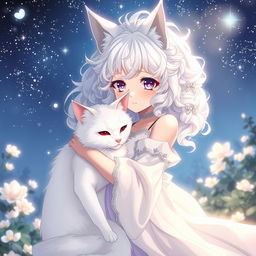 An anime scene featuring a girl intimately connected to a white cat