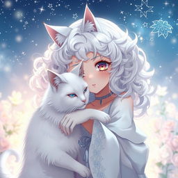 An anime scene featuring a girl intimately connected to a white cat