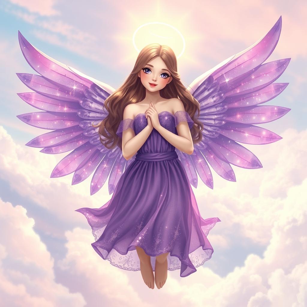 A celestial angel with magnificent purple wings, donned in a short, ethereal purple dress that sparkles with a hint of stardust