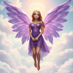 A celestial angel with magnificent purple wings, donned in a short, ethereal purple dress that sparkles with a hint of stardust