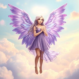 A celestial angel with magnificent purple wings, donned in a short, ethereal purple dress that sparkles with a hint of stardust