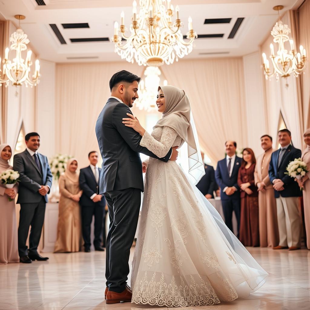 A beautiful wedding scene capturing a bride and groom sharing a joyful dance in the center of a grand hall, surrounded by their family