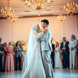 A beautiful wedding scene capturing a bride and groom sharing a joyful dance in the center of a grand hall, surrounded by their family