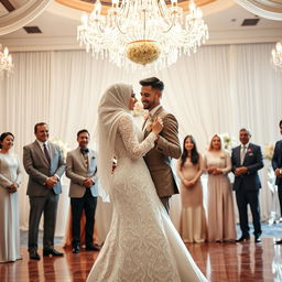 A beautiful wedding scene capturing a bride and groom sharing a joyful dance in the center of a grand hall, surrounded by their family