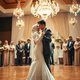 A beautiful wedding scene capturing a bride and groom sharing a joyful dance in the center of a grand hall, surrounded by their family