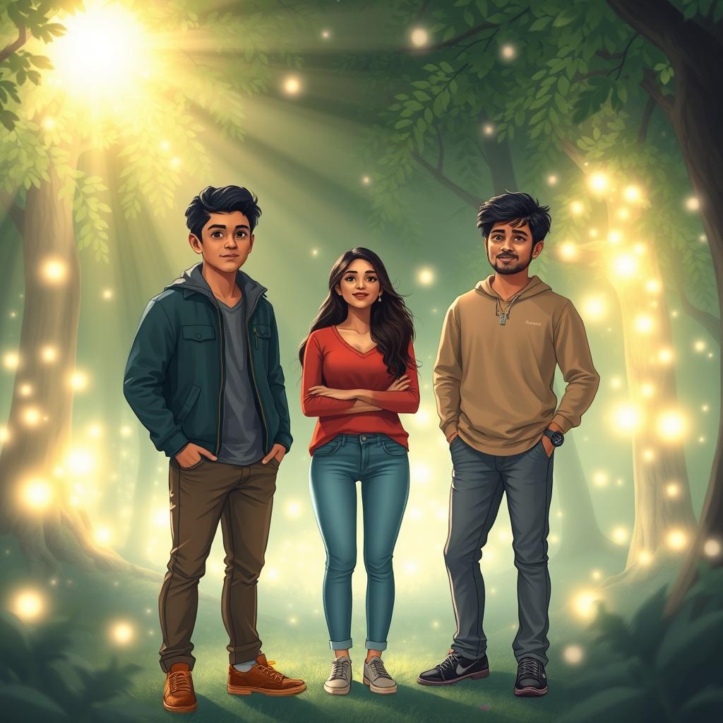 Aryan, Meera, and Kabir stand in the heart of the Grove of Light, surrounded by radiant trees that emit a soft, ethereal glow