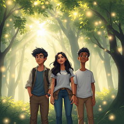 Aryan, Meera, and Kabir stand in the heart of the Grove of Light, surrounded by radiant trees that emit a soft, ethereal glow