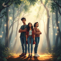 Aryan, Meera, and Kabir stand in the heart of the Grove of Light, surrounded by radiant trees that emit a soft, ethereal glow