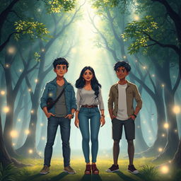 Aryan, Meera, and Kabir stand in the heart of the Grove of Light, surrounded by radiant trees that emit a soft, ethereal glow