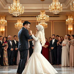 A romantic wedding dance scene featuring a groom in a classic black suit dancing with his bride, who is elegantly dressed in a white gown and a matching hijab