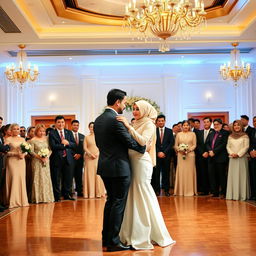 A romantic wedding dance scene featuring a groom in a classic black suit dancing with his bride, who is elegantly dressed in a white gown and a matching hijab