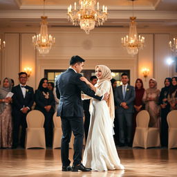 A romantic wedding dance scene featuring a groom in a classic black suit dancing with his bride, who is elegantly dressed in a white gown and a matching hijab