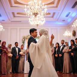 A romantic wedding dance scene featuring a groom in a classic black suit dancing with his bride, who is elegantly dressed in a white gown and a matching hijab