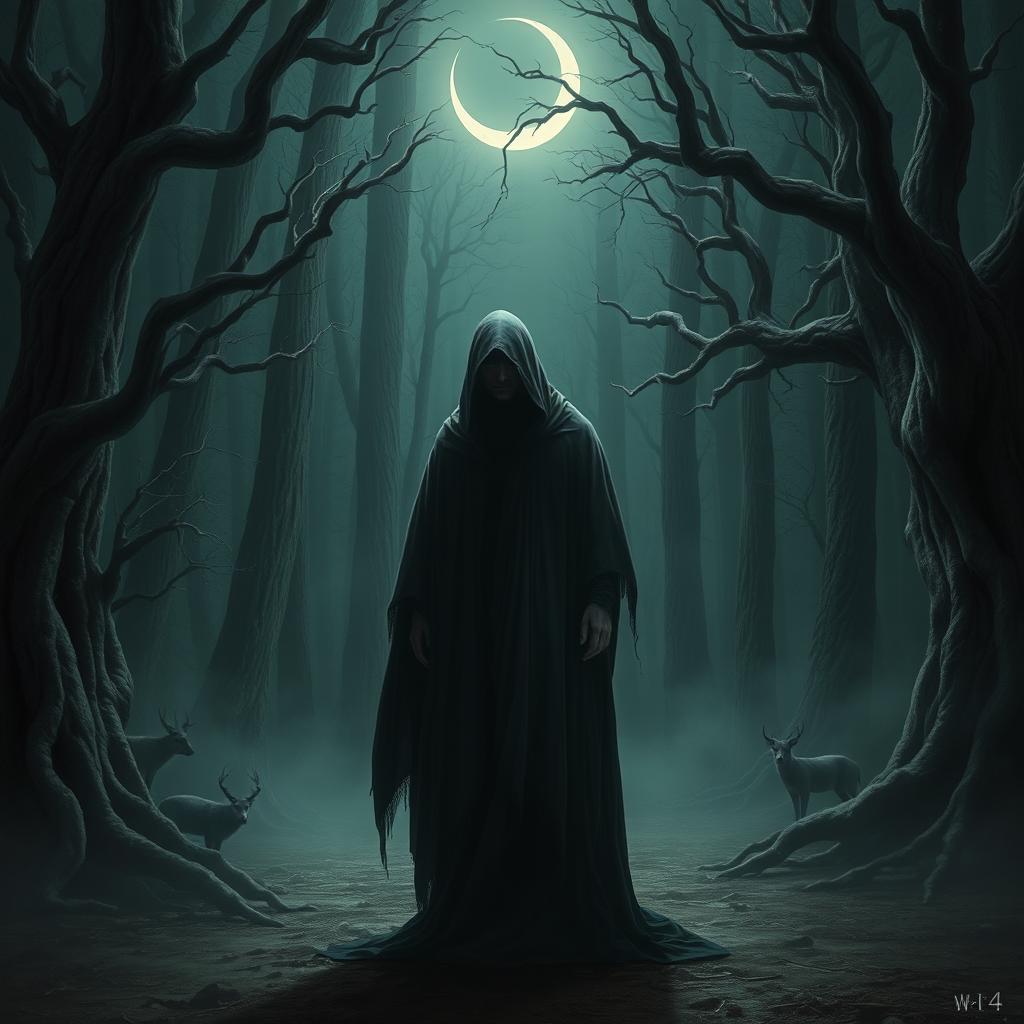 Number 4, a mysterious and intriguing character, is portrayed standing in a dimly lit forest clearing, surrounded by ancient trees with gnarled trunks and twisted branches