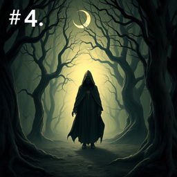 Number 4, a mysterious and intriguing character, is portrayed standing in a dimly lit forest clearing, surrounded by ancient trees with gnarled trunks and twisted branches