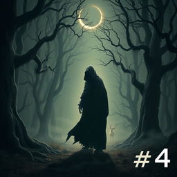 Number 4, a mysterious and intriguing character, is portrayed standing in a dimly lit forest clearing, surrounded by ancient trees with gnarled trunks and twisted branches