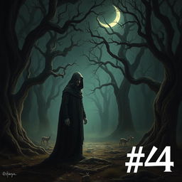 Number 4, a mysterious and intriguing character, is portrayed standing in a dimly lit forest clearing, surrounded by ancient trees with gnarled trunks and twisted branches