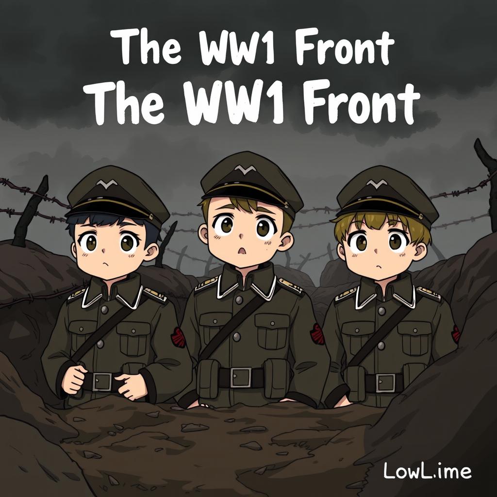 Three German anime-style characters, Hans, Karl, and Albert, on the western front during World War 1 in 1917