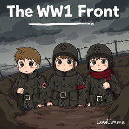 Three German anime-style characters, Hans, Karl, and Albert, on the western front during World War 1 in 1917