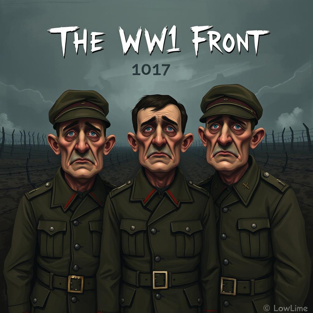 Three German friends, Hans, Karl, and Albert, portrayed in an abstract, less realistic style on the western front during World War 1 in 1917