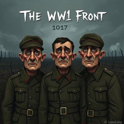 Three German friends, Hans, Karl, and Albert, portrayed in an abstract, less realistic style on the western front during World War 1 in 1917